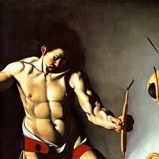 Prompt: a painter fighting a robot, oil painting by caravaggio, composition