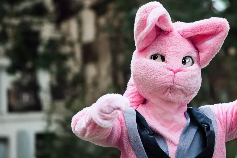 Prompt: Tom Cruise, wearing a pink rabbit costume, portrait photography, depth of field, bokeh