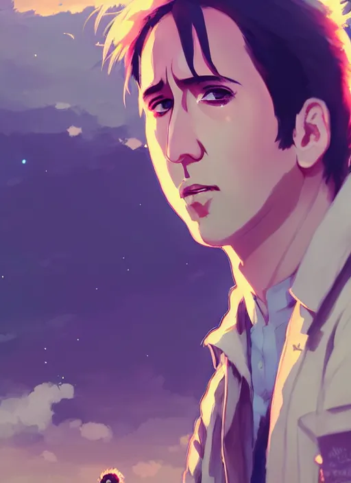 Image similar to portrait of nicolas cage, cloudy sky background lush landscape illustration concept art anime key visual trending pixiv fanbox by wlop and greg rutkowski and makoto shinkai and studio ghibli