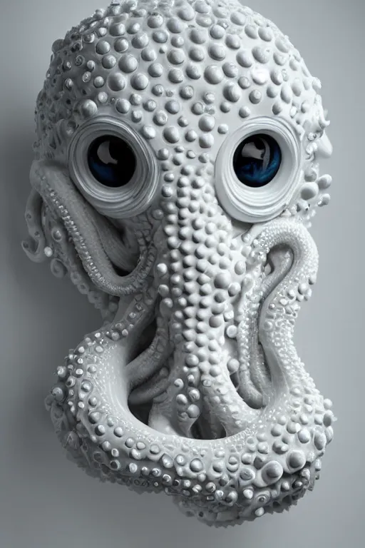 Prompt: full head and shoulders, beautiful porcelain female person, with many eyeballs, smooth, delicate facial features, white detailed eyes, white lashes, 3 d white shiny thick, large octopus tentacles and eyeballs by daniel arsham and james jean