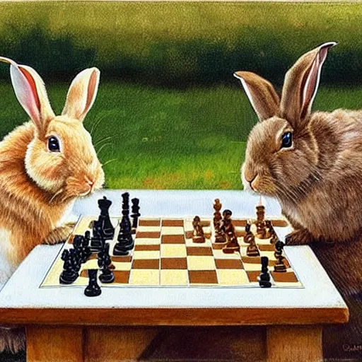 Prompt: rabbits drinking tea and playing chess. Painting of rabbits in sweaters by James Gurney (charming illustration of two cute rabbits).