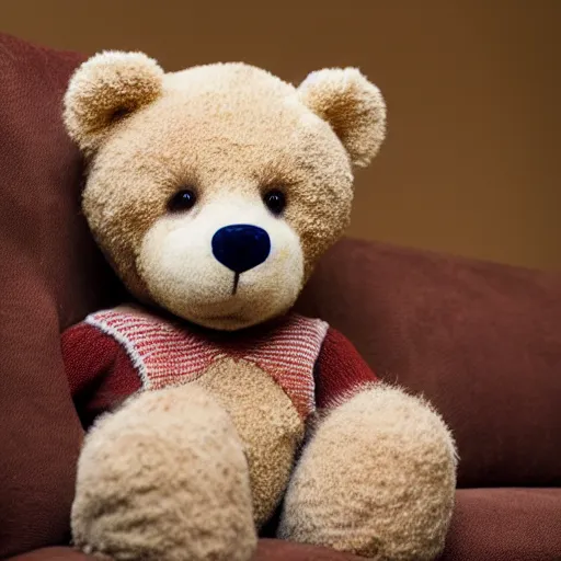 Image similar to a teddy bear getting up off the couch while staring at you creepy!!!!!! wearing a sweater vest, 4 k photo