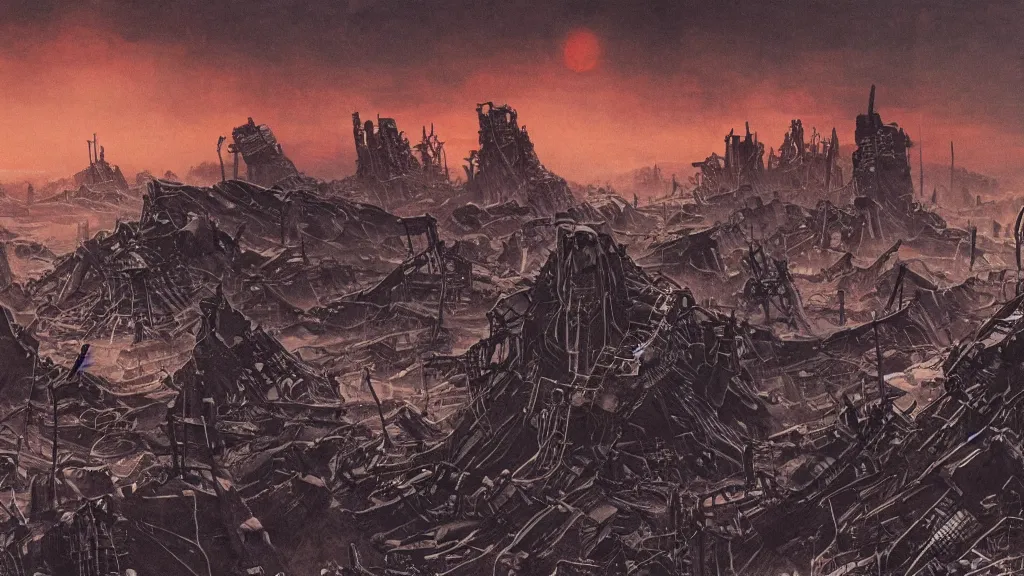 Image similar to group of survivors, no man's land, remnants of the human civilization, post - apocalyspe, machines, bleak, eerie atmospheric, a color illustration by tsutomu nihei, gerald brom and vincent di fate, epic cinematic matte painting