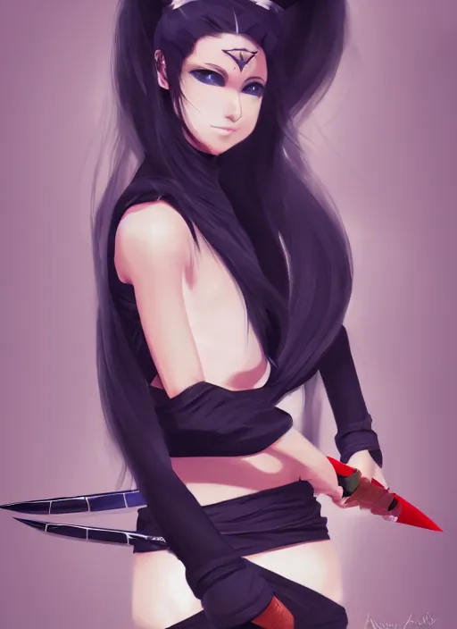 Prompt: portrait of a beautiful anime ninja girl with black ponytail, holding a kunai, digital painting, trending on artstation, deviantart, artgem, perfect composition, ross draws, wlop