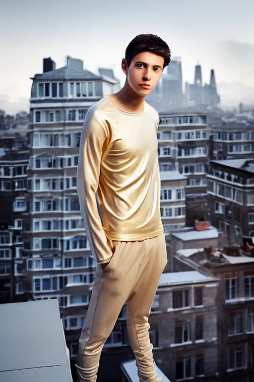 Image similar to un ultra high definition studio quality photographic art portrait of a young man standing on the rooftop of a british apartment building wearing soft padded silver pearlescent clothing. three point light. extremely detailed. golden ratio, ray tracing, volumetric light, shallow depth of field. set dressed.