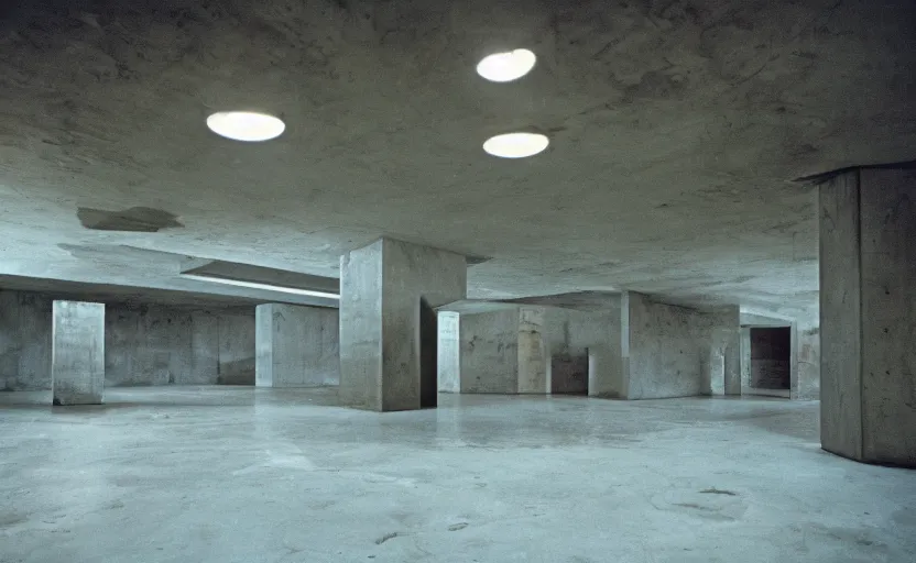 Prompt: Interior shot of a secret brutalist concrete bunker with glossy concrete floor by stanley kubrick, shot by 35mm film color photography