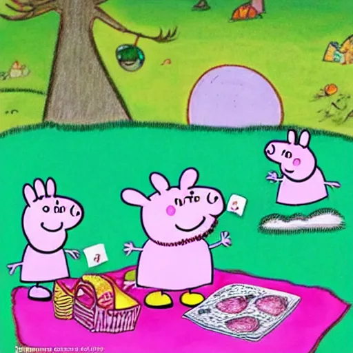 Image similar to Peppa Pig meets the moonmins at last. Peppa Pig and the Moomins eat a picnic in front of the sea. Moomintroll gives an apple to Moominpappa. Beautiful drawing