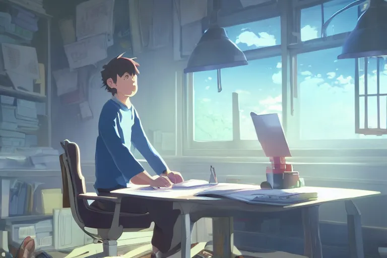 Prompt: a sleepy boy sit in desk with a computer, medium shot, waist up, studio ghibli, pixar and disney animation, sharp, rendered in unreal engine 5, anime key art by greg rutkowski, bloom, dramatic lighting