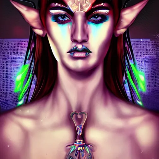 Image similar to masterpiece symmetrical painted portrait of a beautiful elf in a cyberpunk style