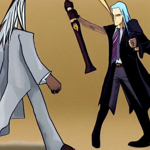 Prompt: saul goodman standing next to sephiroth from final fantasy in court, low angle