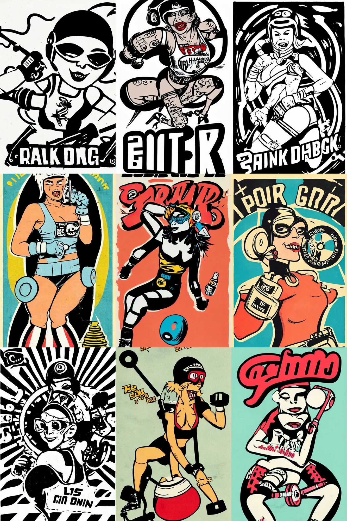 Prompt: tank girl, roller derby advert logo, wearing roller derby helmet, winking, roller skating, 1960s, mcbess