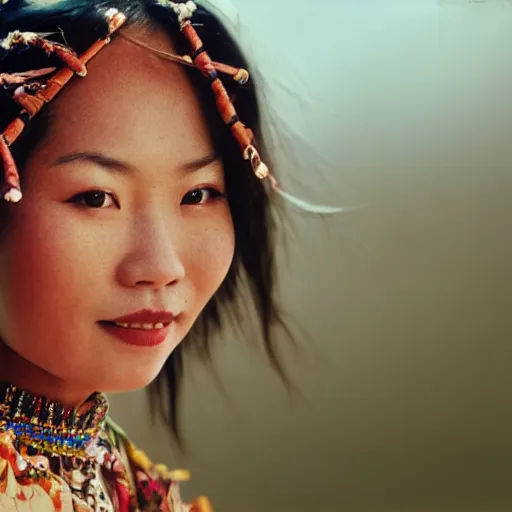 Prompt: vintage portrait of a stunningly beautiful asian tribal female smiling, depth of field, zeiss lens, detailed, symmetrical, centered, fashion photoshoot, by edward s curtis, Annie Leibovitz and Steve McCurry, David Lazar, Jimmy Nelsson, Breathtaking, 8k resolution, extremely detailed, beautiful, establishing shot, artistic, hyperrealistic, beautiful face, octane render