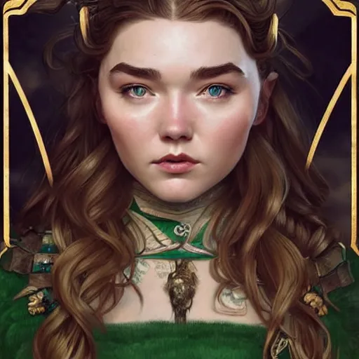 Image similar to Florence Pugh as a elf archer, cute, fantasy, intricate, elegant, highly detailed, centered, digital painting, artstation, concept art, smooth, sharp focus, illustration, art by artgerm and H R Giger and alphonse mucha