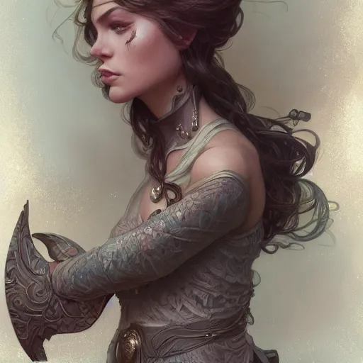 Image similar to character portrait by Magali Villeneuve and Steve Argyle,Livia Prima,Mucha,dress,fantasy art,beautiful,artstation,trending on artstation,intricate details,alluring,masterpiece