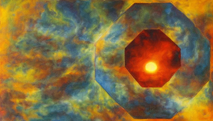 Image similar to the sun being blocked by a hexagon, seen from earth, oil painting