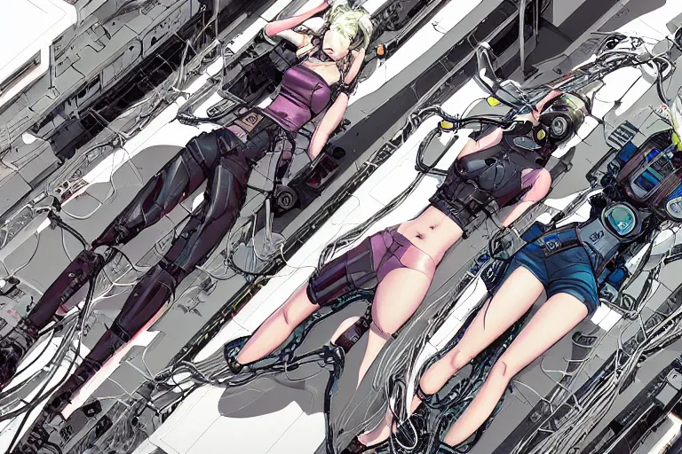 Image similar to a cyberpunk illustration of a group of three female androids in style of masamune shirow, lying on an empty, white floor with their bodies broken scattered rotated in different poses and cables and wires coming out, by yukito kishiro and katsuhiro otomo, hyper-detailed, intricate, view from above