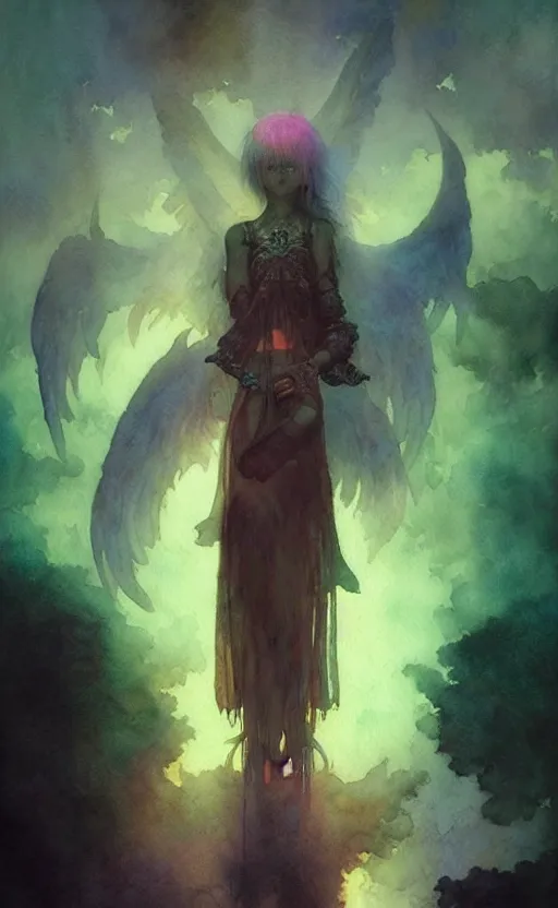 Prompt: angel knight gothic girl. intricate, amazing composition, colorful watercolor, by ruan jia, by maxfield parrish, by marc simonetti, by hikari shimoda, by robert hubert, by zhang kechun, illustration, fantasy, gloomy, volumetric lighting