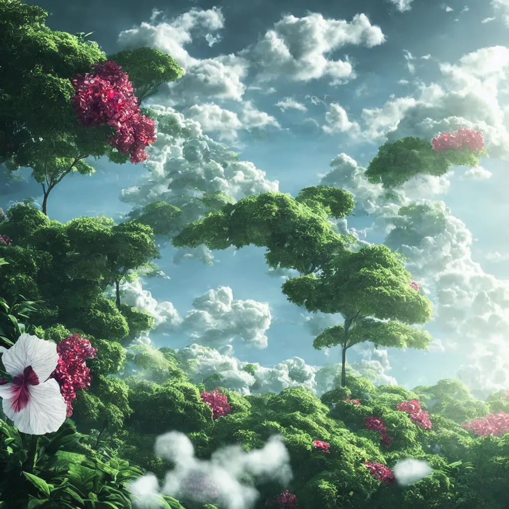 Prompt: city in the sky, flying island, white fluffy cloud, monocular, volumetric light, leaves foliage and stems, hibiscus flowers, alexander mcqueen, rim light, studio ghibli 8 k