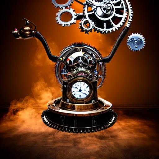 Prompt: a clockwork mechanical bull there are gears sticking out of the mechanical bull steam emanates from the steampunk bull and thick clouds of steam swirl around the clockwork bull, ultra high detail, high particle effects, highly reflective surface, realistic reflections