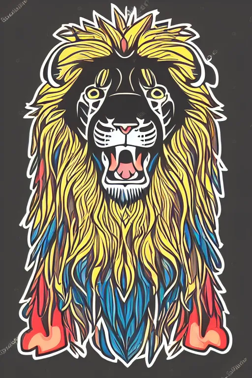 Image similar to Illustration of an extremely simple lion, cartoons, full body front, sticker, colorful, fantasy, artstation, highly detailed, simple, smooth and clean vector curves, no jagged lines, vector art, smooth, on a flat color black background