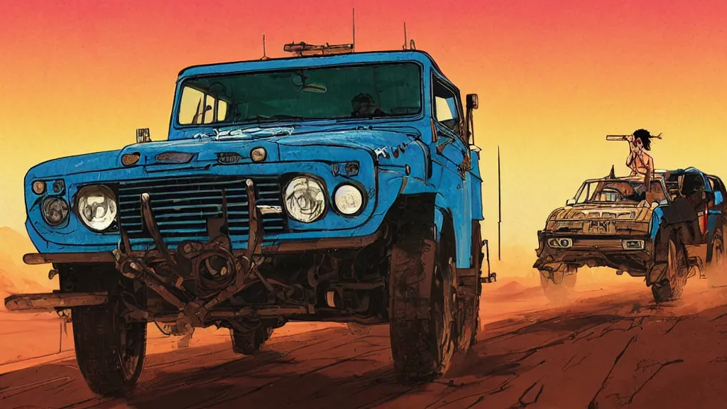 Image similar to digital illustration of mad max's fj 4 0 pursuit special, the last v 8 interceptor driving down a deserted dessert highway in the middle of the day by studio ghibli, anime style, by makoto shinkai, ilya kuvshinov, lois van baarle, rossdraws, basquiat