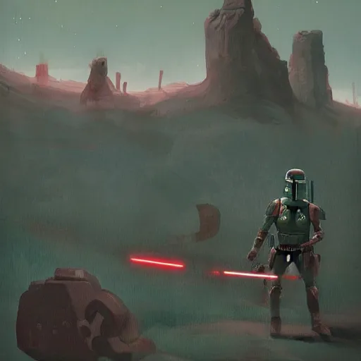 Image similar to Boba fett as a sith warrior artwork by Simon stalenhag