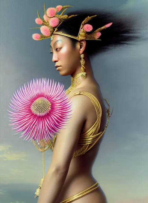 Image similar to stunning beyonce giselle knowles as a japanese godess, detailed pink and white protea head peace against a black backdrop by ivan aivazovsky, wlop, sharp details, photorealism, oil painting, beautiful soft lighting, muted colours, artstation