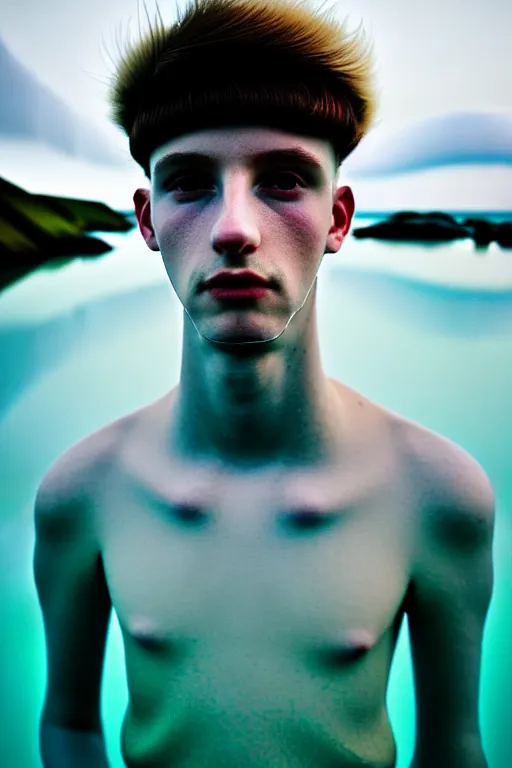 Image similar to high quality pastel coloured film mid angle portrait photograph of a beautiful young 2 0 year old male, soft features, short hair, rubber bike helmet and oversized inflated clothing!!!! icelandic black! rock pool environment. atmospheric three point light. photographic. art directed. ( pastel colours ). volumetric. clearcoat. waves. 8 k. filmic.