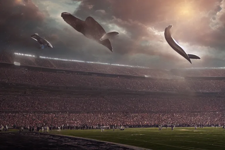 Prompt: a realistic cinematic still of humpback whale flying over the NFL Super Bowl Stadium cinematic lighting by Jessica Rossier