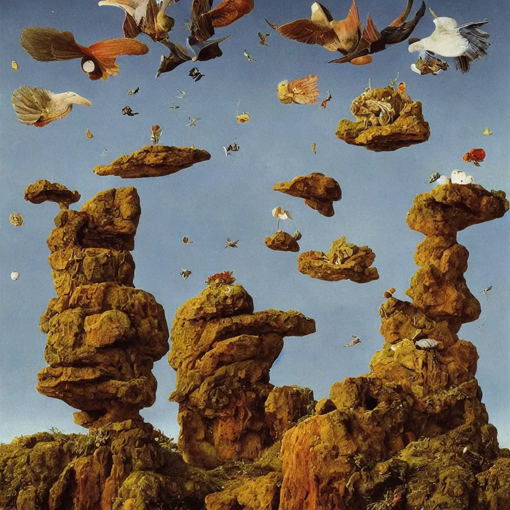 Prompt: a single! colorful! ( stone ) fungi bird tower clear empty sky, a high contrast!! ultradetailed photorealistic painting by jan van eyck, audubon, rene magritte, agnes pelton, max ernst, walton ford, andreas achenbach, ernst haeckel, hard lighting, masterpiece