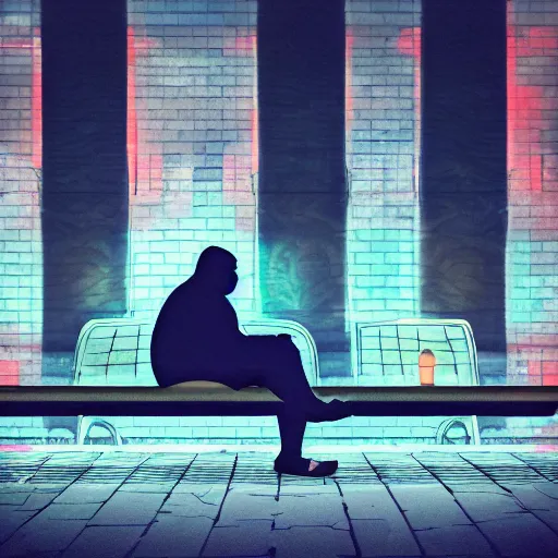 Image similar to vintage phto of a fat robot sitting alone in a streetbench, diezelpunk, cyberpunk, stray, neon lights