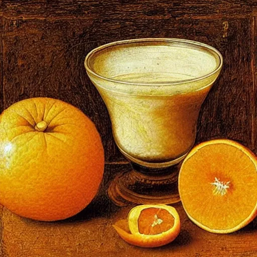 Prompt: 🍊🥛🚁🥇, intricate details, oil on canvas, highly detailed, by leonardo da vinci