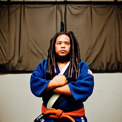 Image similar to photo of chubby black bjj athlete with long dreads posing, serious face, white belt