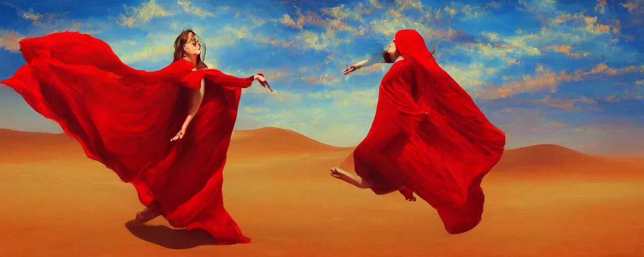 Image similar to A woman in an endless red cape floating across the sky dancing across the desert sky, painterly style, oil painting, realistic