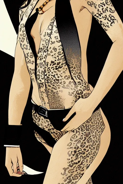 Image similar to yakuza slim girl, gold suit jacket in snake print, jacket over bare torso, yakuza tattoo on body, black short curtain haircut, black leather pants with black belt, elegant, 2d, ultra highly detailed, digital painting, smooth, sharp focus, artstation, art by Ilya Kuvshinov