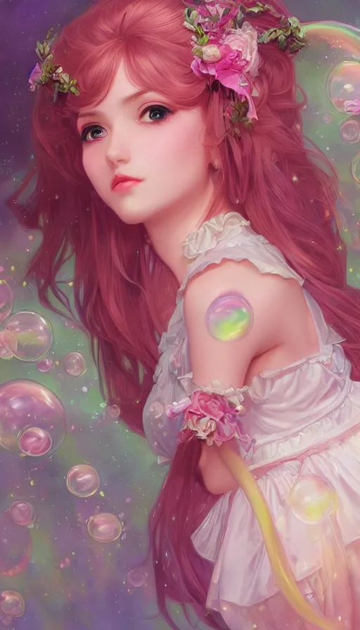 Prompt: portrait of magical lolita girl, dreamy and ethereal, expressive pose, big pink eyes, exciting expression, fantasy, intricate, elegant, many rainbow bubbles, rose tones, highly detailed, digital painting, artstation, concept art,cyberpunk wearing, smooth, sharp focus, illustration, art by artgerm and greg rutkowskiand alphonse mucha