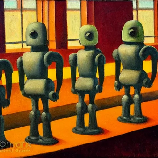 Image similar to robots queue up for cupcakes, grant wood, pj crook, edward hopper, oil on canvas