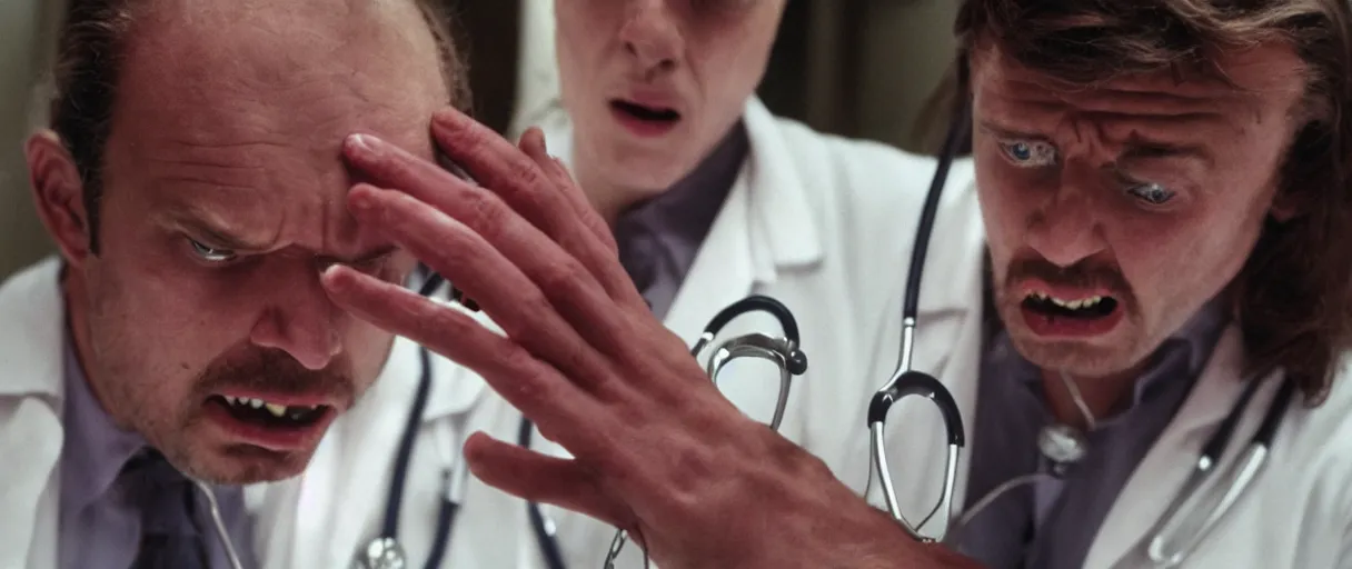 Prompt: filmic dutch angle movie still 4k UHD 35mm film color photograph of a screaming horrified doctor looking down at his injured alie tendril infested mangled wrist