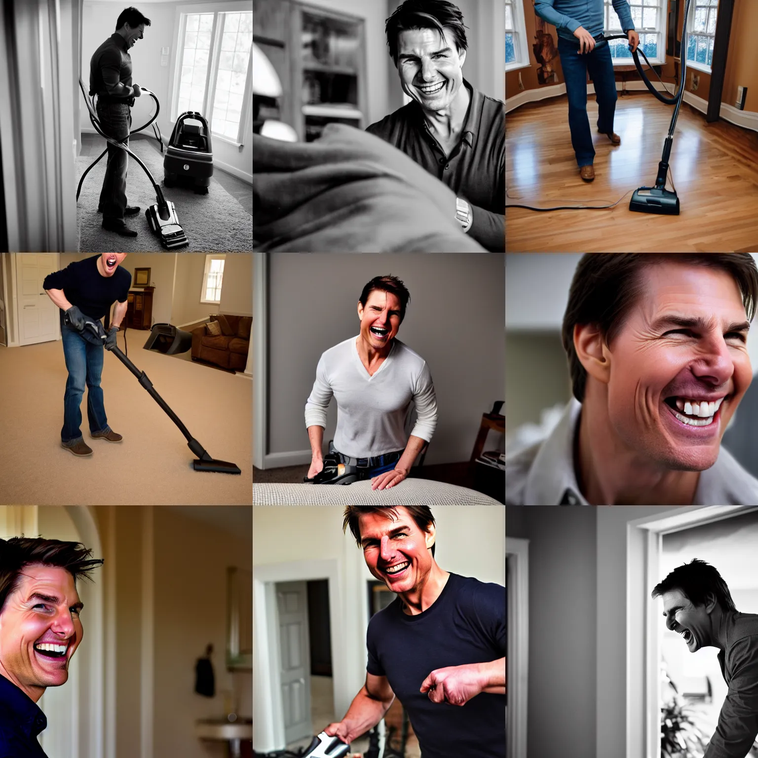 Prompt: tom cruise laughing super hard, vacuuming his house, 5 0 mm, dynamic lighting