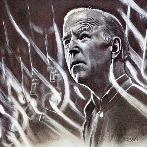 Image similar to closeup of joe biden leading an army of shadows, coiling, abstract shadowy army, painting by john mcnaughton, stephen gammell