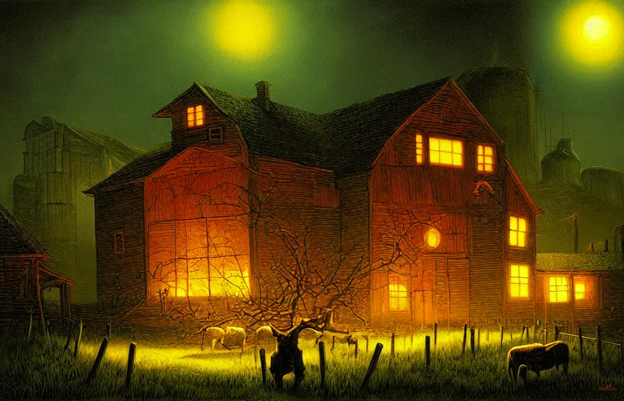 Prompt: horror artwork, a farm in the mountain, at night, by michael whelan, clean