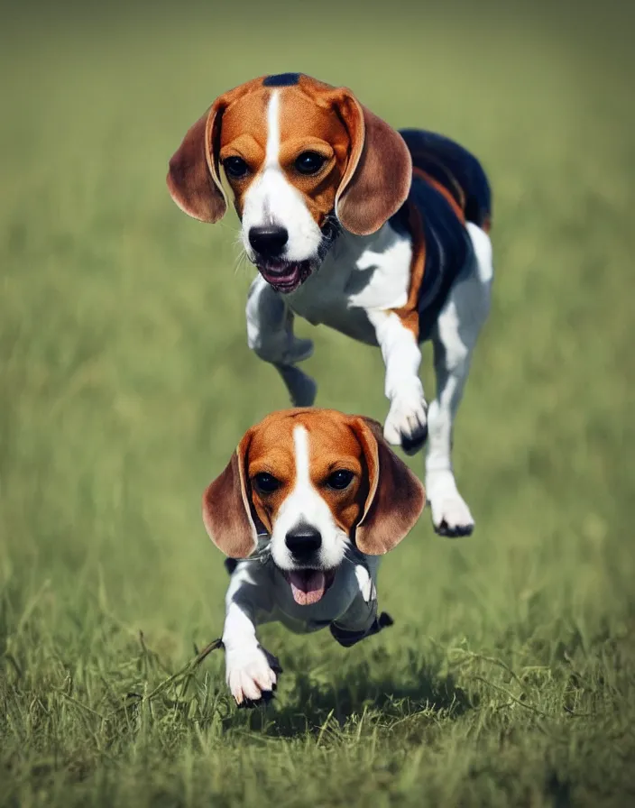 Image similar to a beagle running in a field . intricate artwork by art-station. octane render, cinematic, hyper realism, 8k, depth of field.