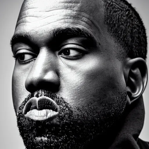 Image similar to the face of kanye west wearing yeezy clothing at 3 8 years old, portrait by julia cameron, chiaroscuro lighting, shallow depth of field, 8 0 mm, f 1. 8