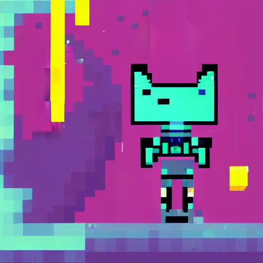 Image similar to pixel art humanoid robot cat, in the style of celeste and and hyper light drifter