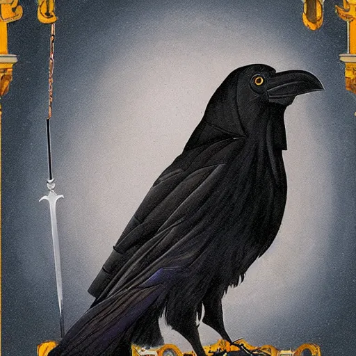 Image similar to portrait of a raven in a vantablack cloak and holding a symbolic weapon. portrait hung up in a windows 9 8 castle. r / oldschoolfantasy