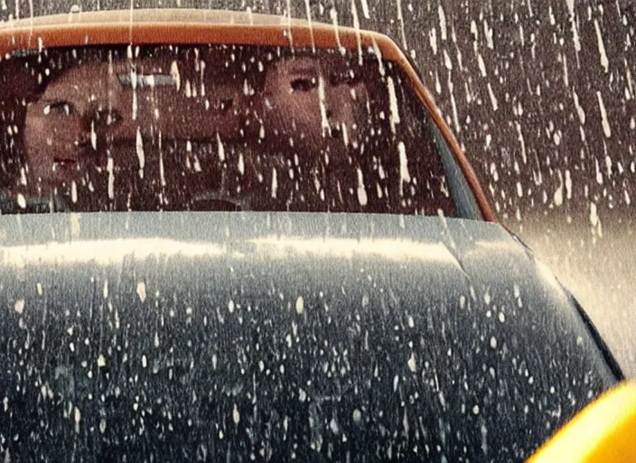 Image similar to A very high resolution image from a new movie, inside of a car, raining, hot, directed by wes anderson