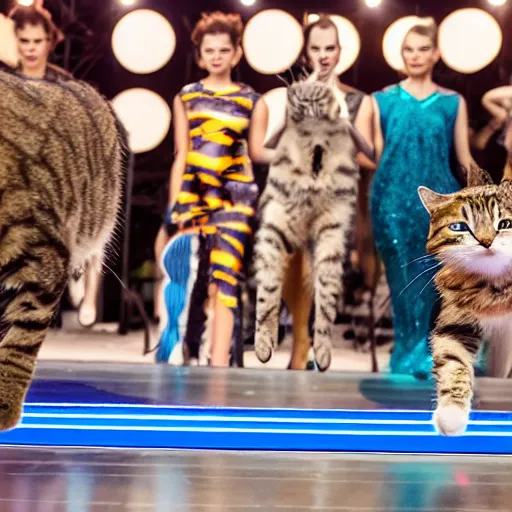 Prompt: cats on a catwalk wearing designer cloth, stage lighting 4k