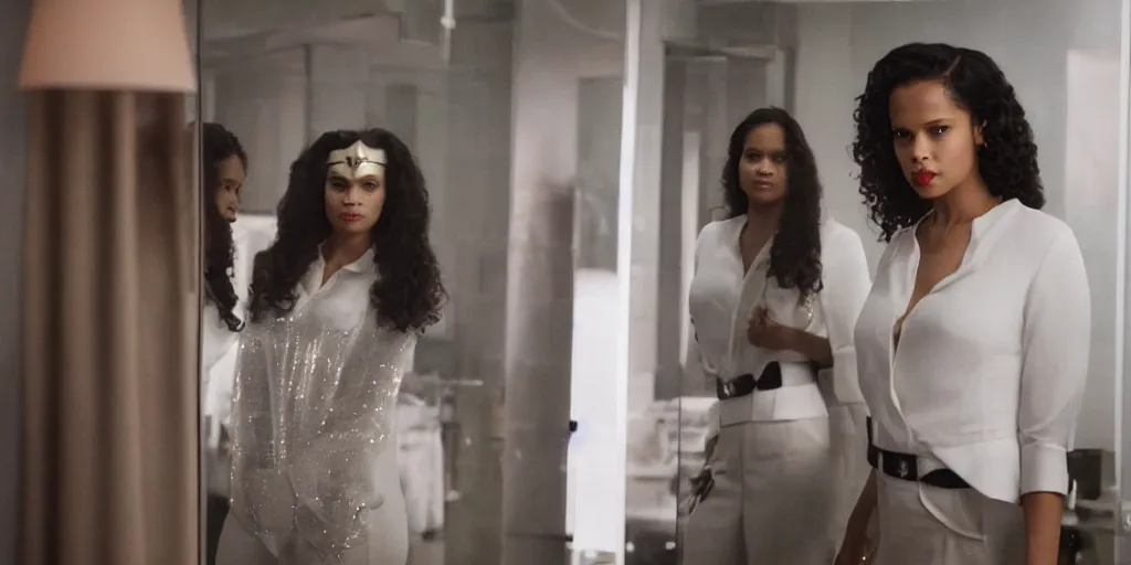 Prompt: ultra wide angle photo of gugu mbatha - raw dressed in a white blouse and black dress pants as diana prince looking at herself in a bathroom mirror and seeing her reflection as wonder woman