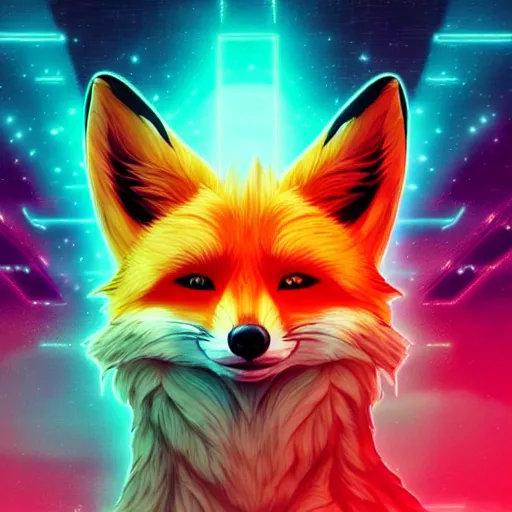 Prompt: digital fox, retrowave palette, highly detailed, anatomically correct vulpine, synth feel, fluffy face, ear floof, flowing fur, super realism, digitised background, accurate animal imagery, 4 k digital art