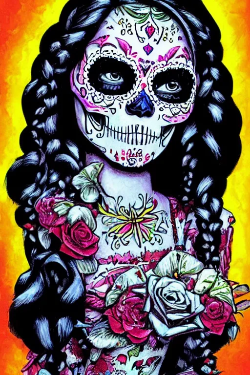 Prompt: illustration of a sugar skull day of the dead girl, art by barry winsor smith